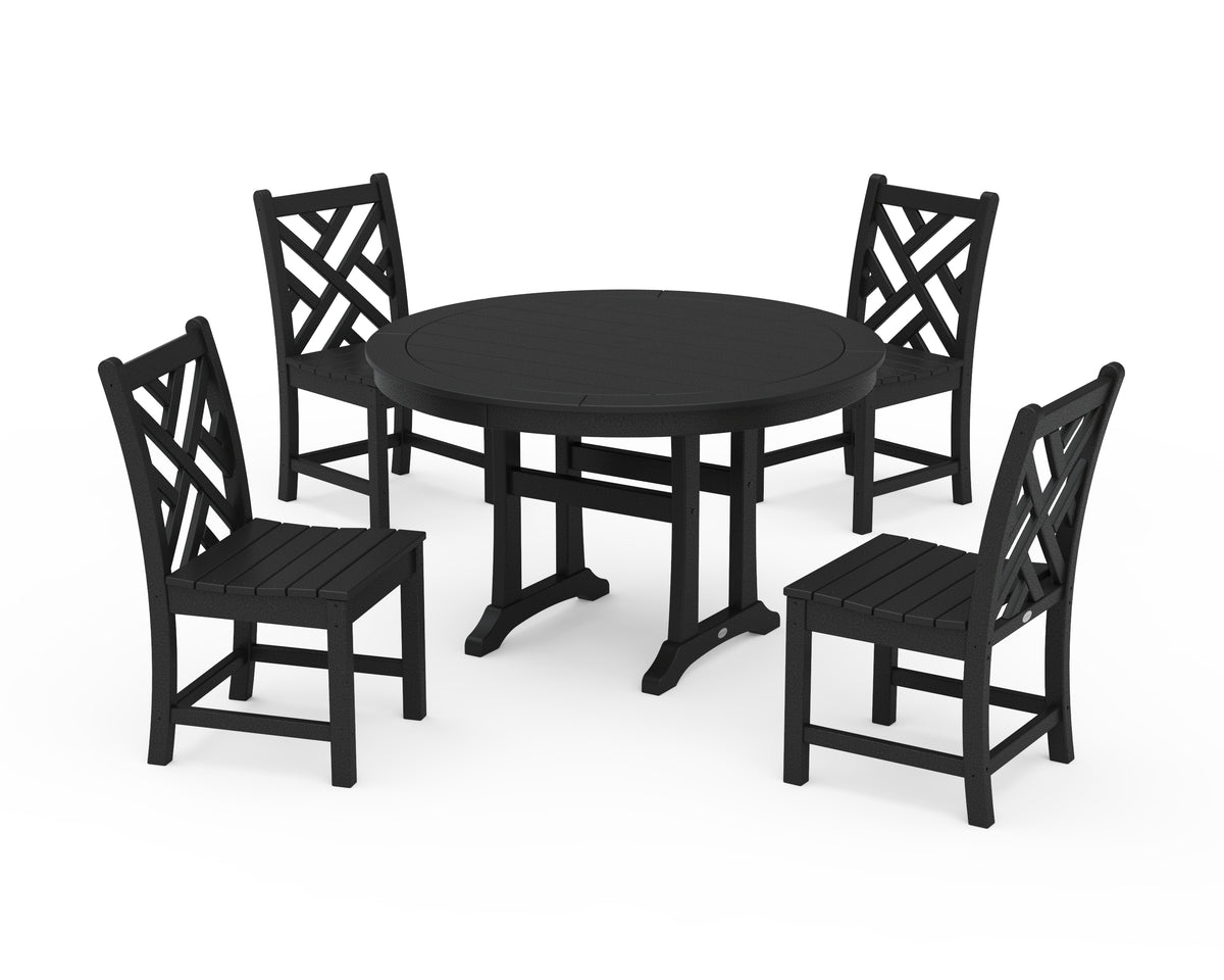 POLYWOOD Chippendale Side Chair 5-Piece Round Dining Set with Trestle Legs in Black