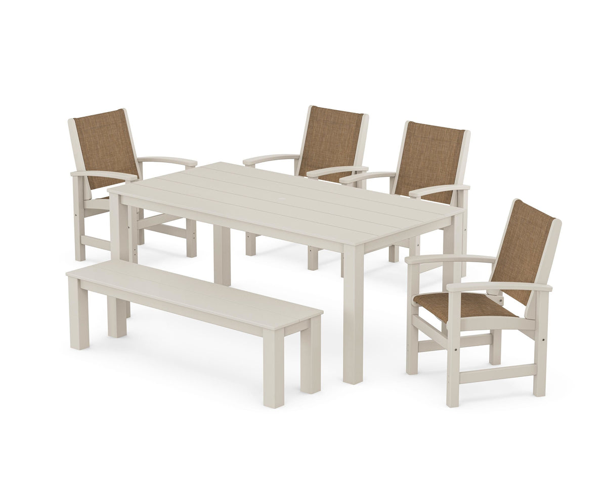 POLYWOOD Coastal 6-Piece Parsons Dining Set with Bench in Sand / Burlap