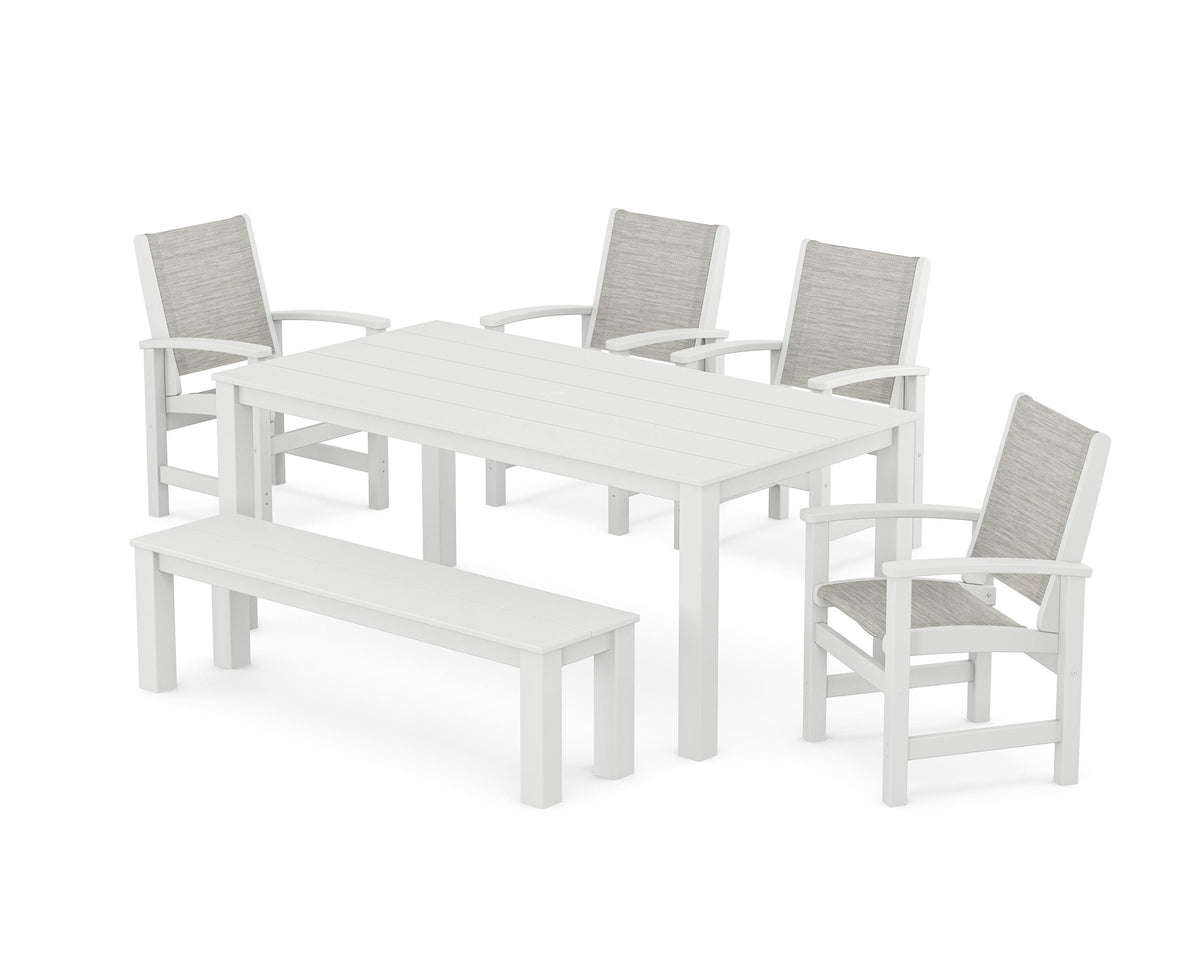 POLYWOOD Coastal 6-Piece Parsons Dining Set with Bench in White / Birch