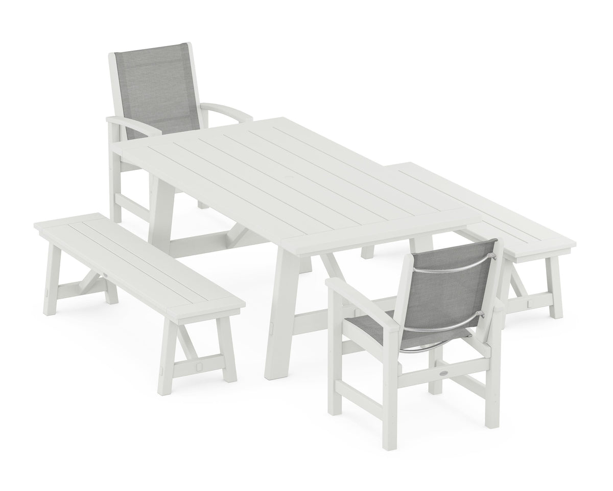 POLYWOOD Coastal 5-Piece Rustic Farmhouse Dining Set With Benches in Vintage White / Metallic