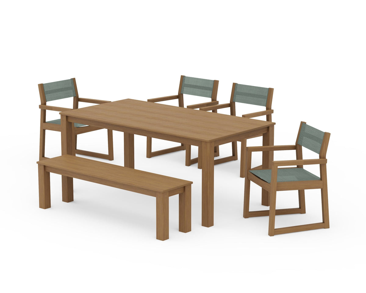 POLYWOOD EDGE Sling Arm Chair 6-Piece Parsons Dining Set with Bench in Natural / Dupioni Sea Mist