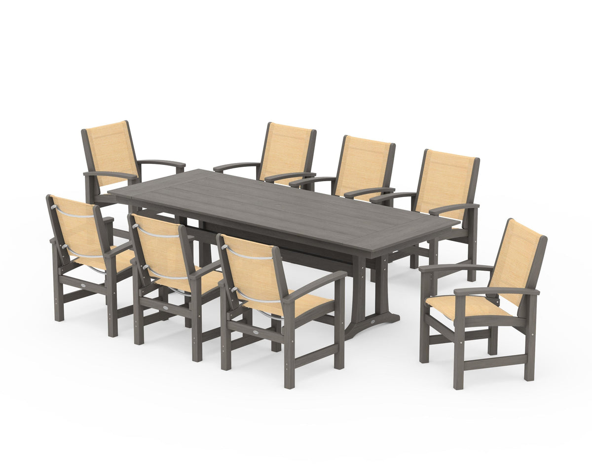 POLYWOOD Coastal 9-Piece Farmhouse Dining Set with Trestle Legs in Driftwood / Dupioni Apricot