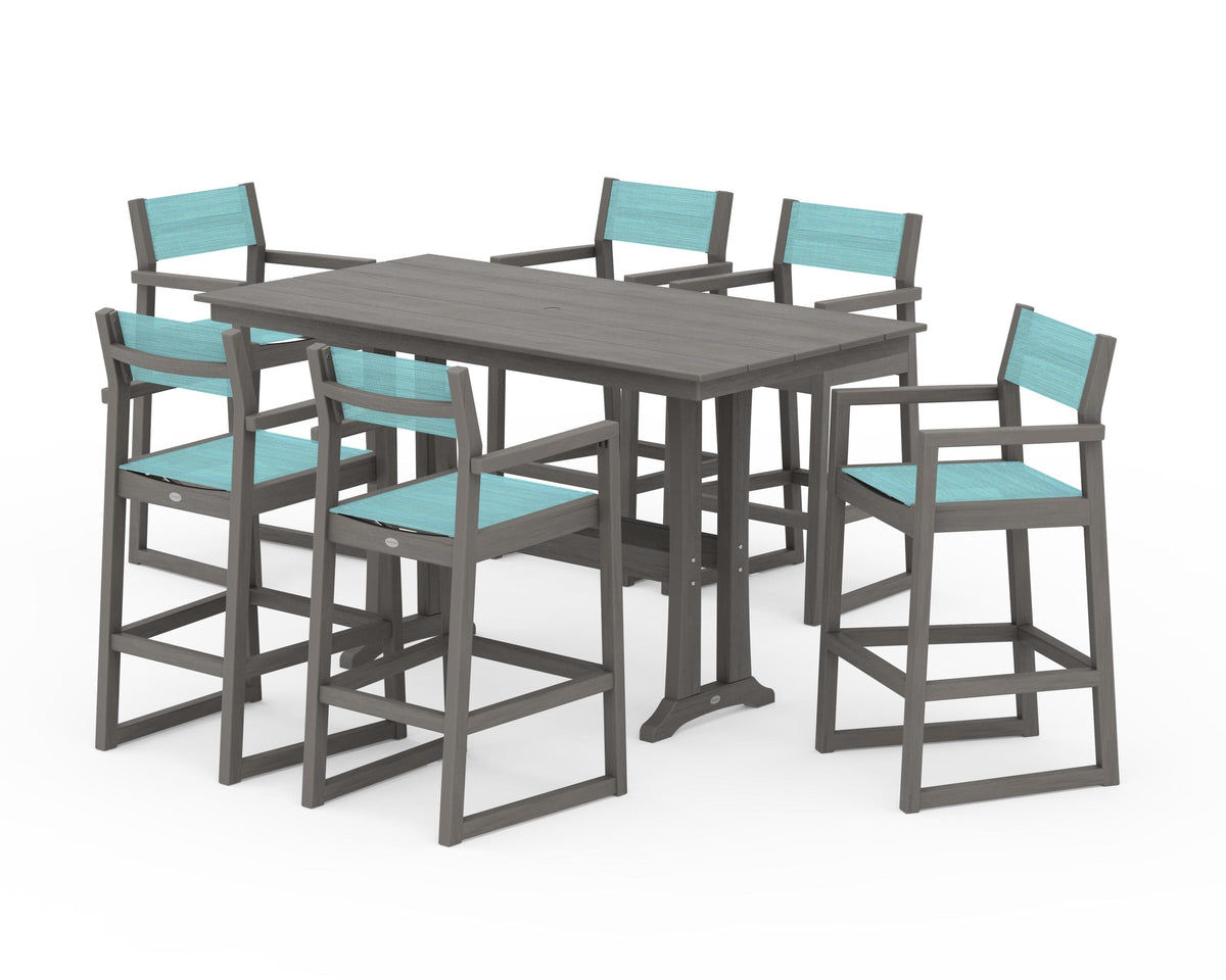 POLYWOOD EDGE Sling Arm Chair 7-Piece Farmhouse Bar Set with Trestle Legs in Driftwood / Dupioni Aquamarine