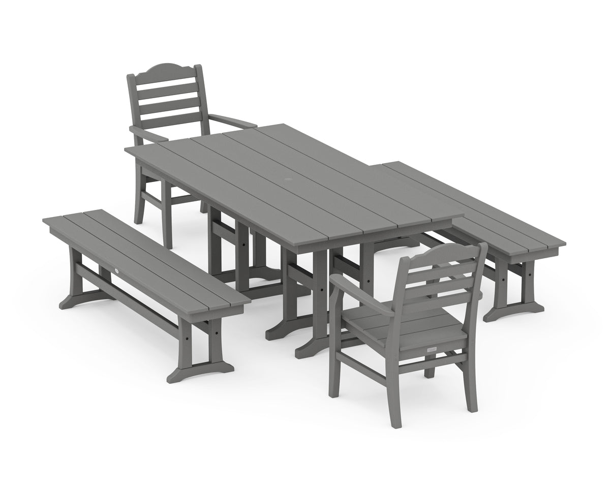 POLYWOOD Savannah 5-Piece Farmhouse Dining Set with Benches in Slate Grey