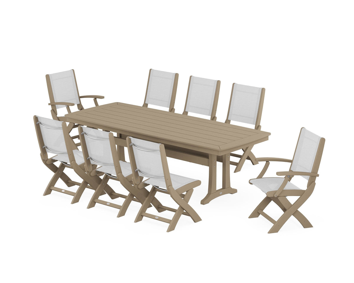POLYWOOD Coastal Folding 9-Piece Dining Set with Trestle Legs in Vintage Sahara / White