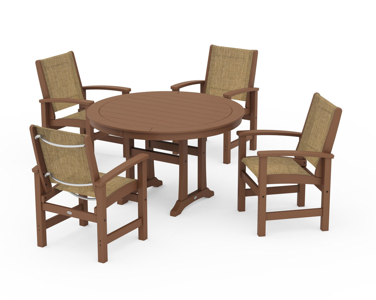 POLYWOOD Coastal 5-Piece Round Dining Set with Trestle Legs in Teak / Burlap