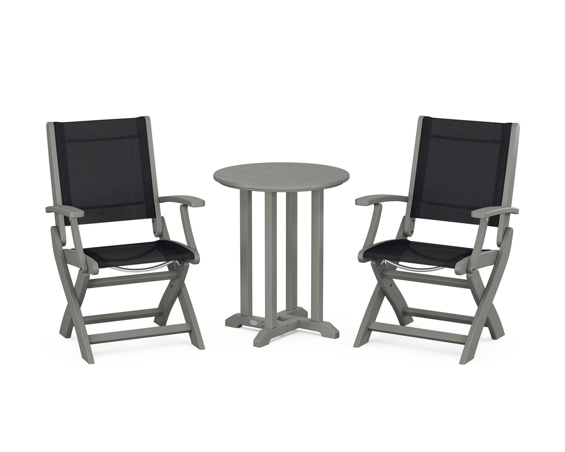 POLYWOOD Coastal Folding 3-Piece Round Bistro Dining Set in Slate Grey / Black