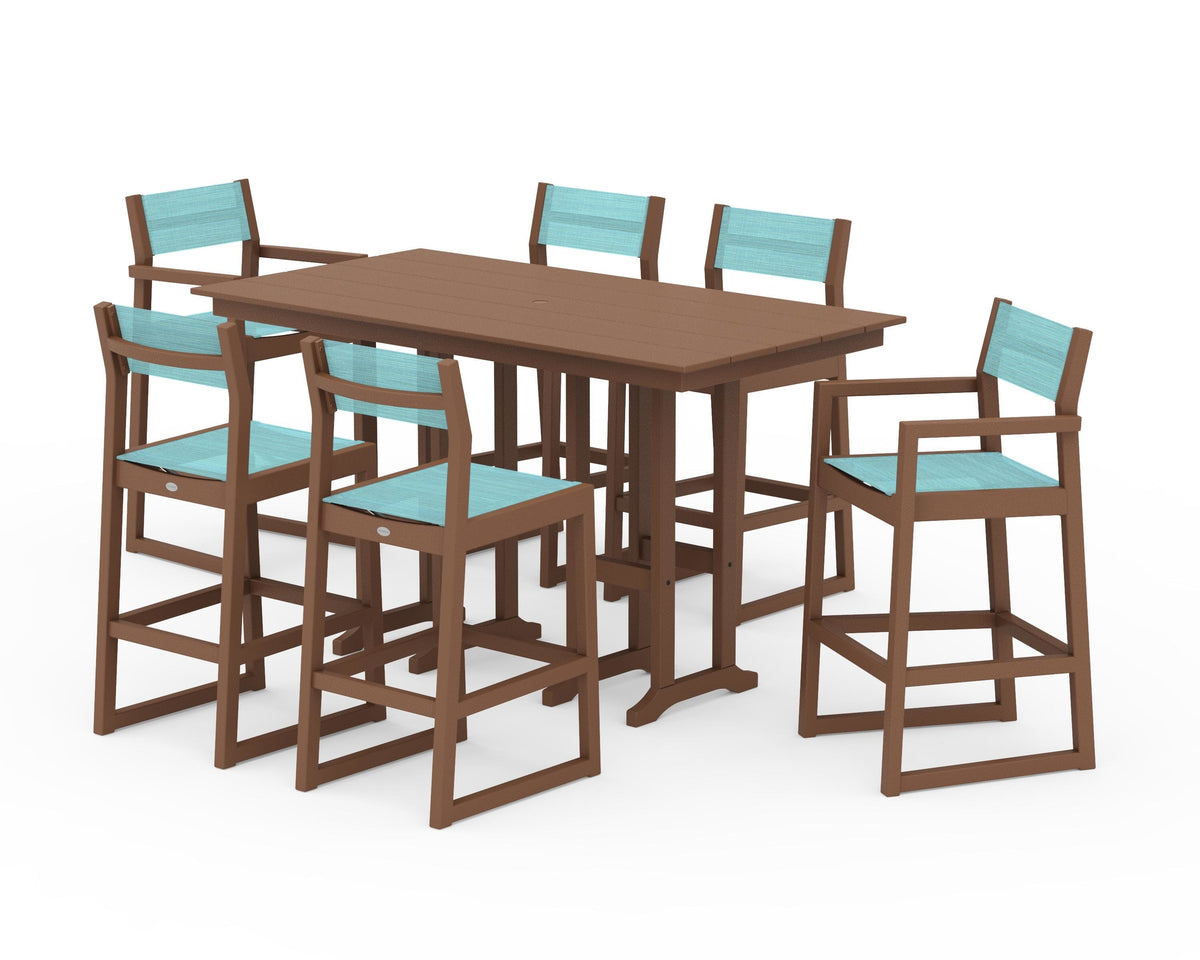POLYWOOD EDGE Sling 7-Piece Farmhouse Bar Set in Teak / Dupioni Aquamarine