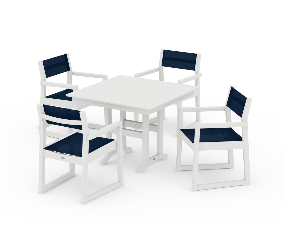 POLYWOOD EDGE Sling Arm Chair 5-Piece Farmhouse Dining Set in Vintage White / Navy Blue