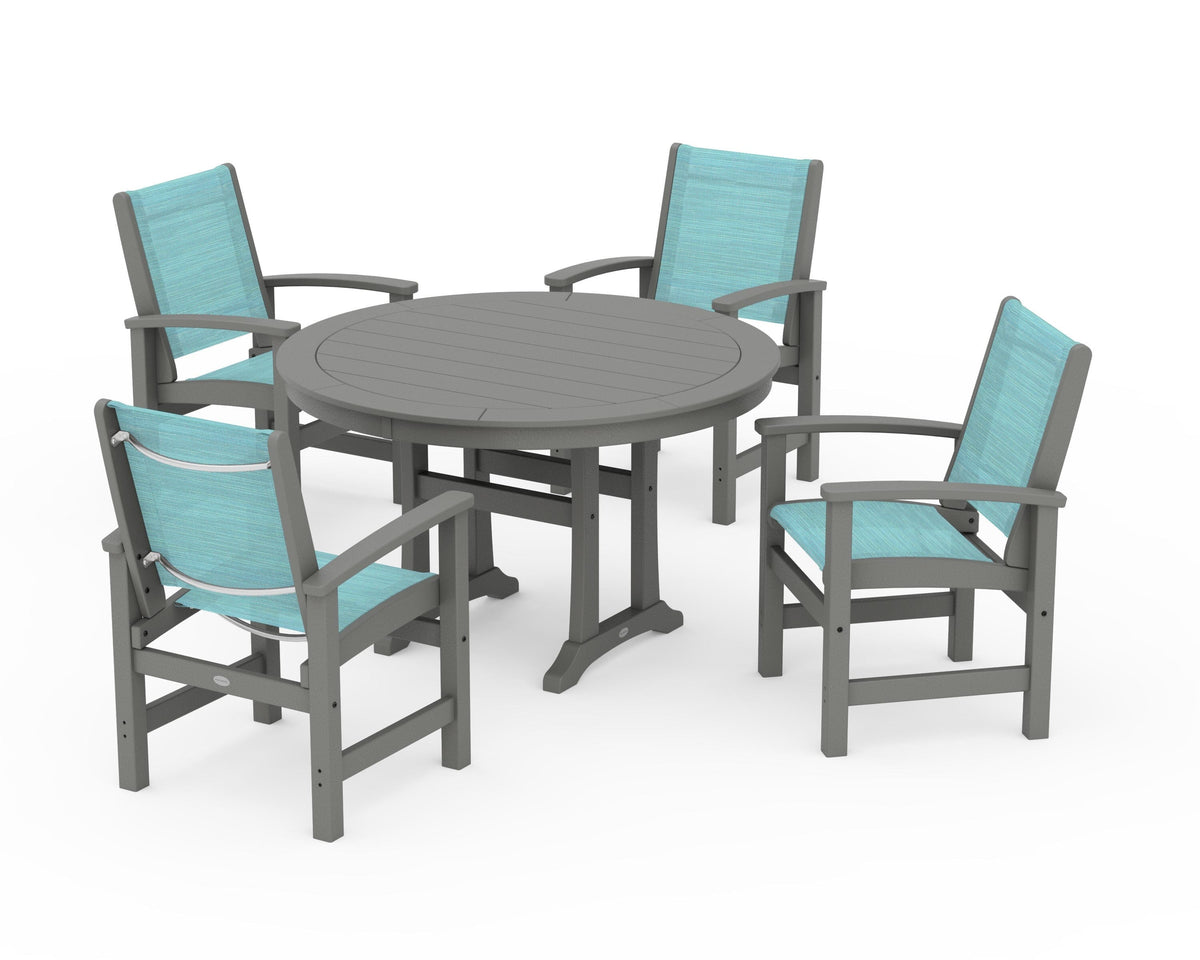 POLYWOOD Coastal 5-Piece Round Dining Set with Trestle Legs in Slate Grey / Dupioni Aquamarine