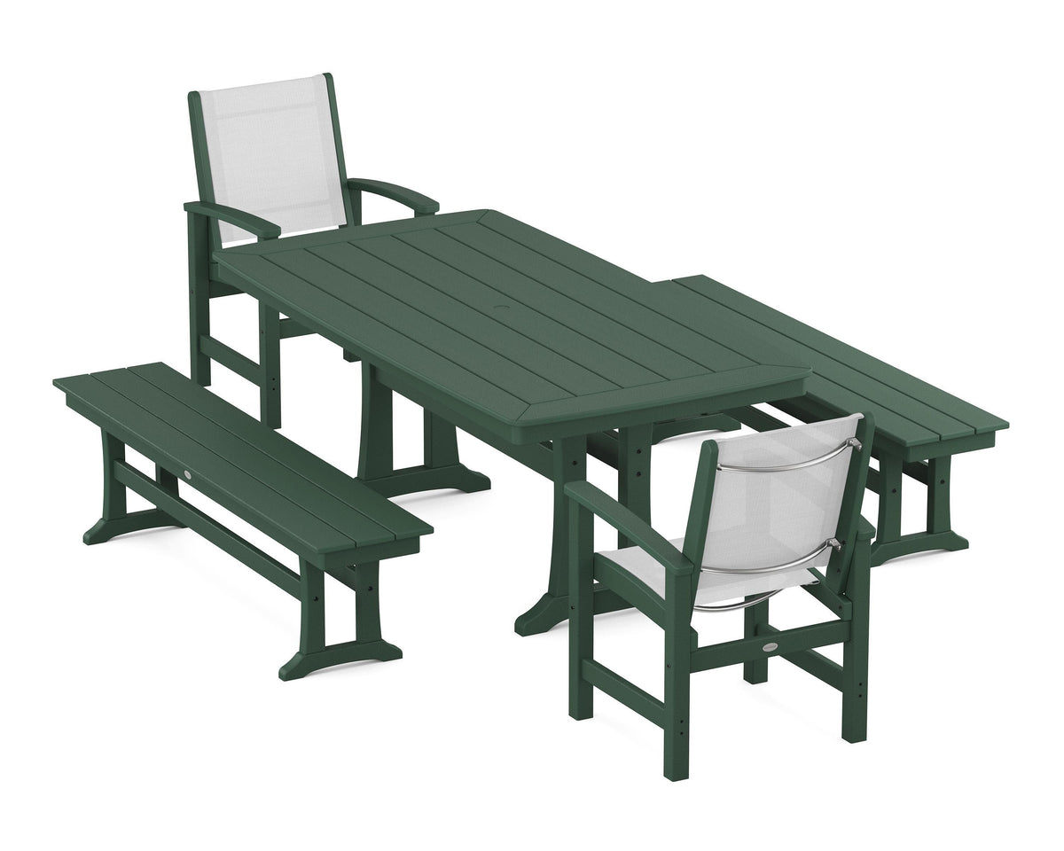 POLYWOOD Coastal 5-Piece Dining Set with Trestle Legs and Benches in Green / White