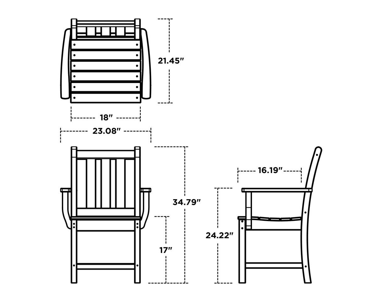 POLYWOOD Traditional Garden Dining Arm Chair dimension drawing with width, depth and height measurements