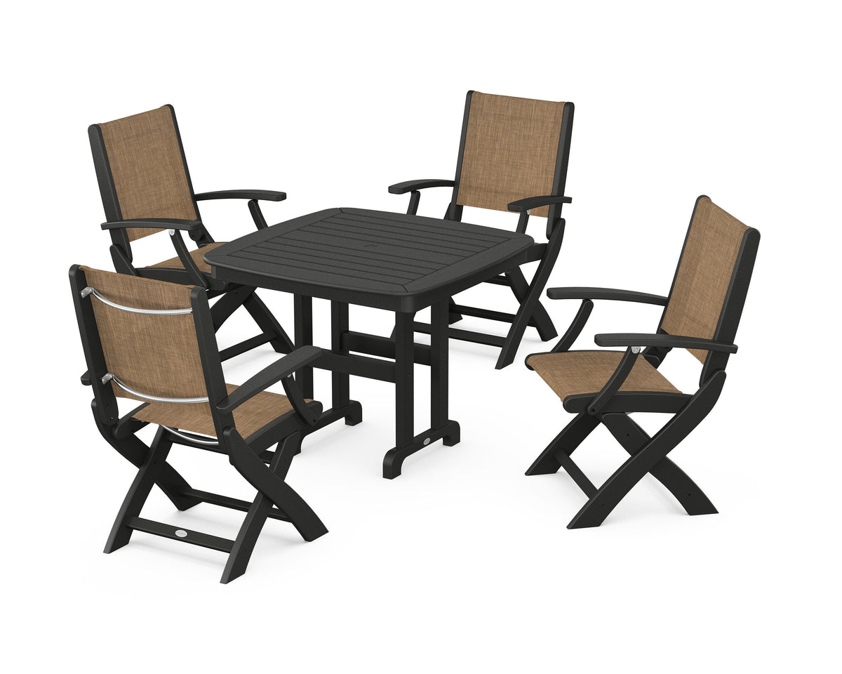 POLYWOOD Coastal Folding Chair 5-Piece Dining Set with Nautical 37" Dining Table in Black / Burlap