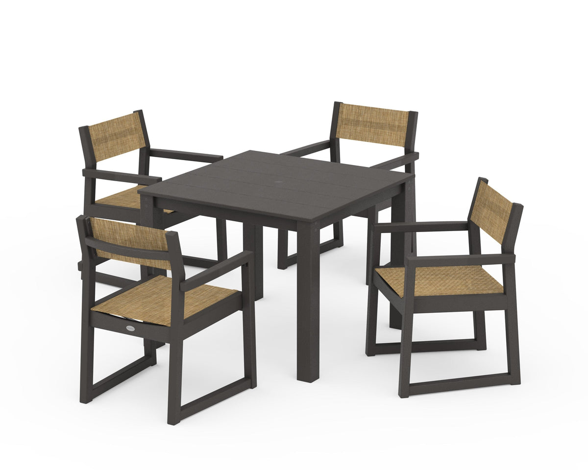 POLYWOOD EDGE Sling Arm Chair 5-Piece Parsons Dining Set in Vintage Coffee / Burlap