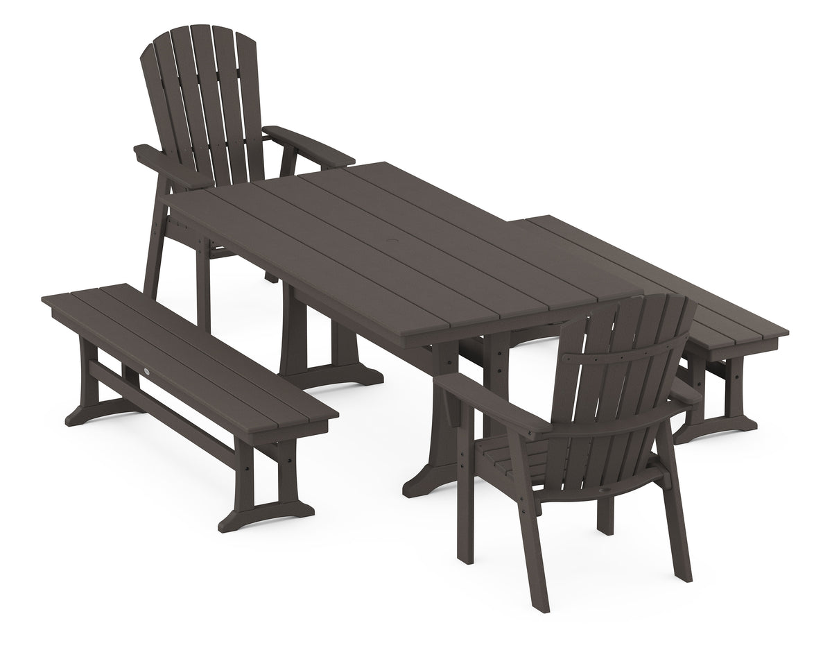 POLYWOOD Nautical Adirondack 5-Piece Farmhouse Dining Set with Trestle Legs - 37" x 72" Table in Vintage Coffee