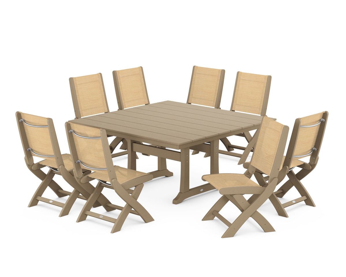 POLYWOOD Coastal Folding Side Chair 9-Piece Farmhouse Dining Set in Vintage Sahara / Dupioni Apricot