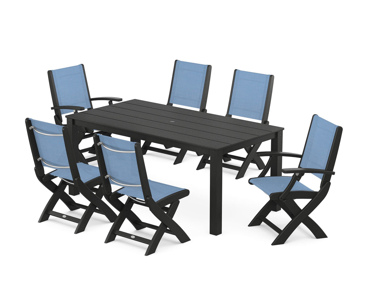 POLYWOOD Coastal Folding Chair 7-Piece Parsons Dining Set with Coastal Folding Side Chair in Black / Poolside