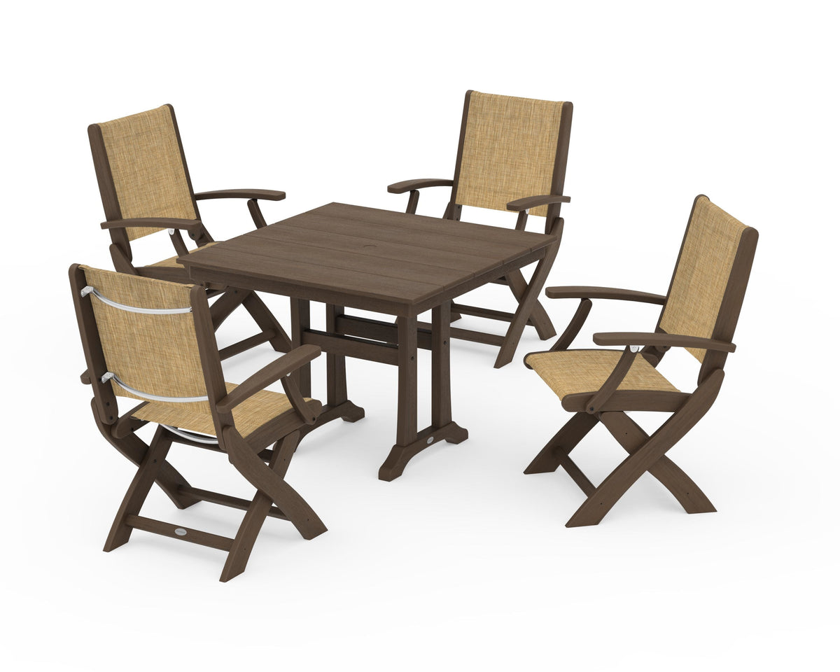 POLYWOOD Coastal Folding Chair 5-Piece Farmhouse Dining Set With Trestle Legs in Kona / Burlap