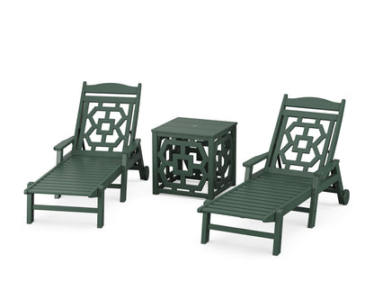 POLYWOOD Chinoiserie 3-Piece Chaise Set with Umbrella Stand Accent Table in Green