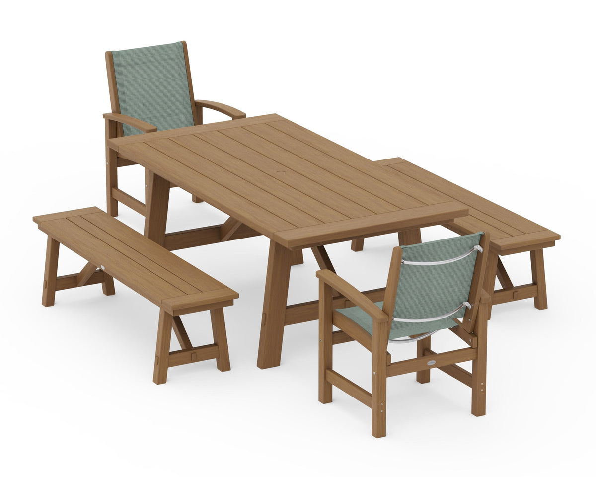 POLYWOOD Coastal 5-Piece Rustic Farmhouse Dining Set With Benches in Natural / Dupioni Sea Mist