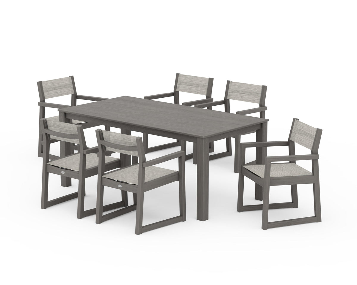 POLYWOOD EDGE Sling Arm Chair 7-Piece Parsons Dining Set in Driftwood / Birch
