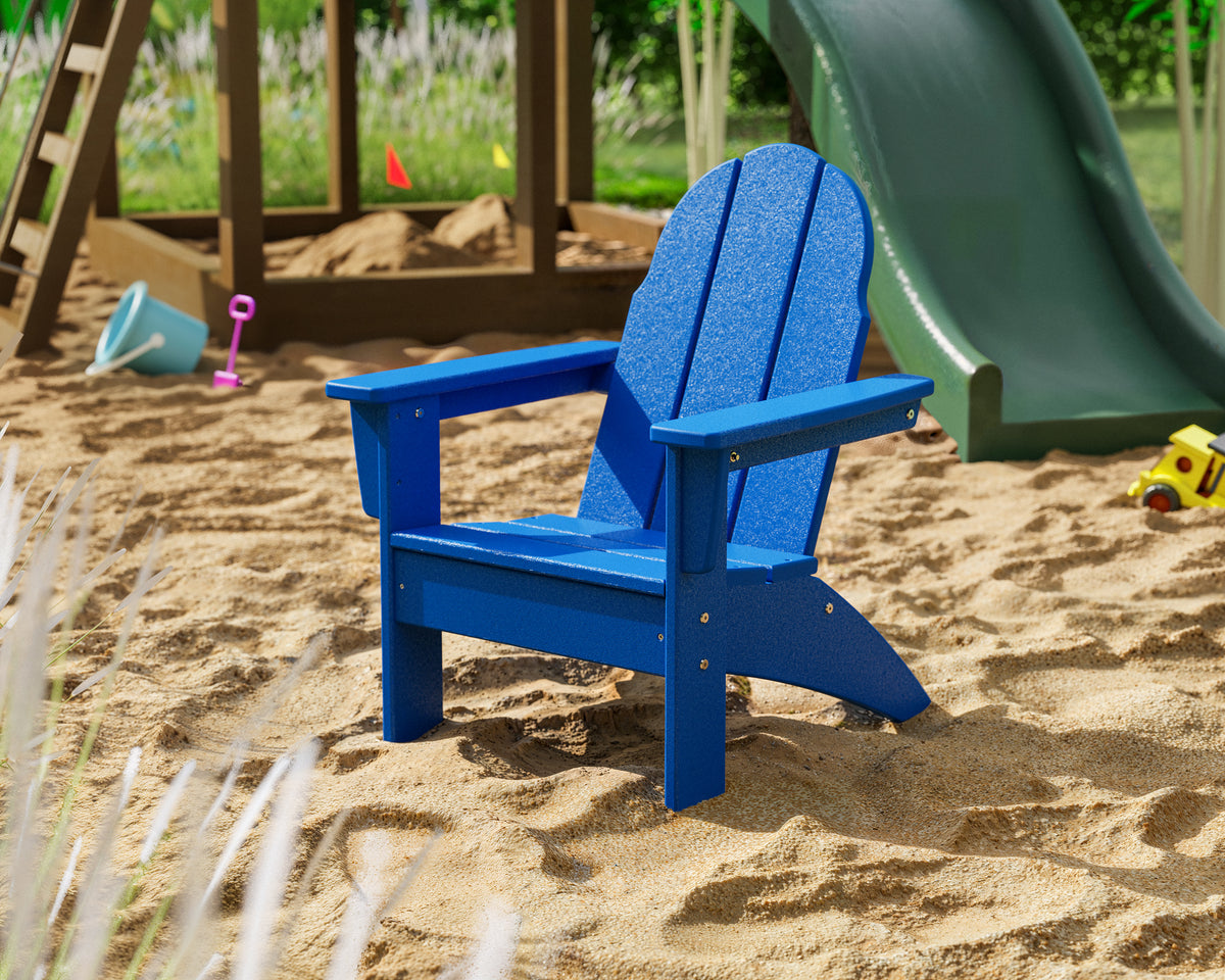 POLYWOOD Kids Vineyard Adirondack Chair in Pacific Blue in an outdoor setting
