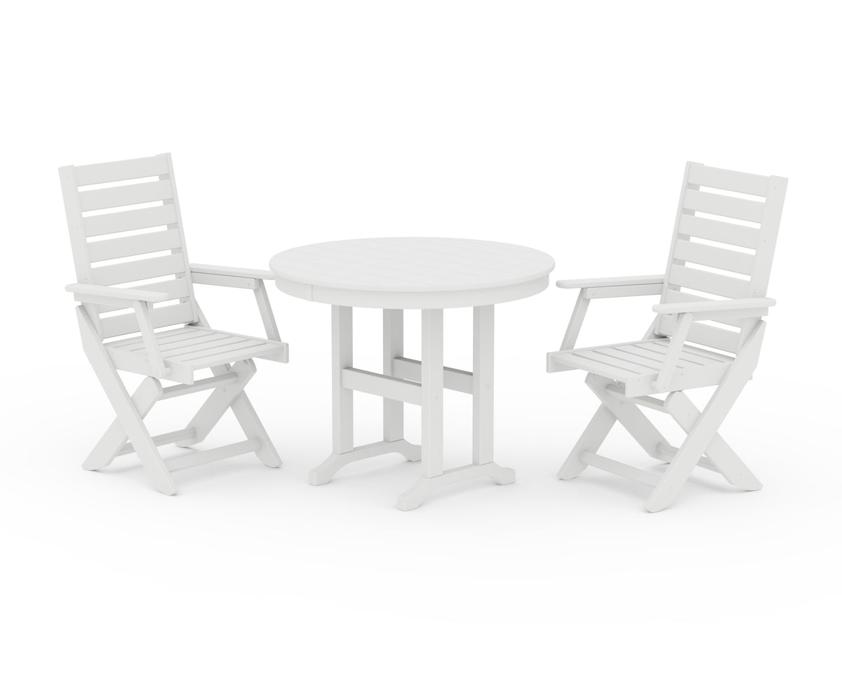 POLYWOOD Captain Folding Chair 3-Piece Round Dining Set in White
