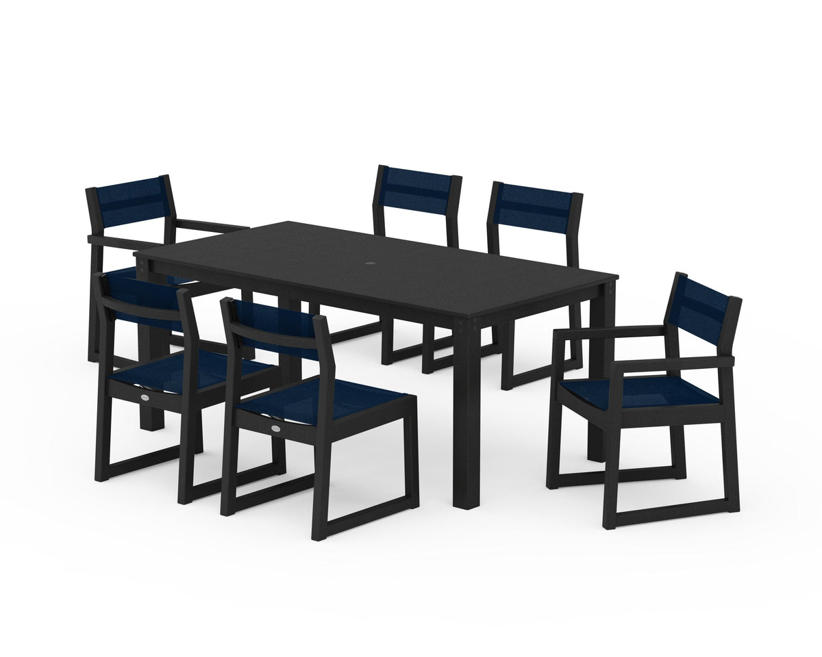 POLYWOOD EDGE Sling 7-Piece Parsons Dining Set in Black / Navy Blue