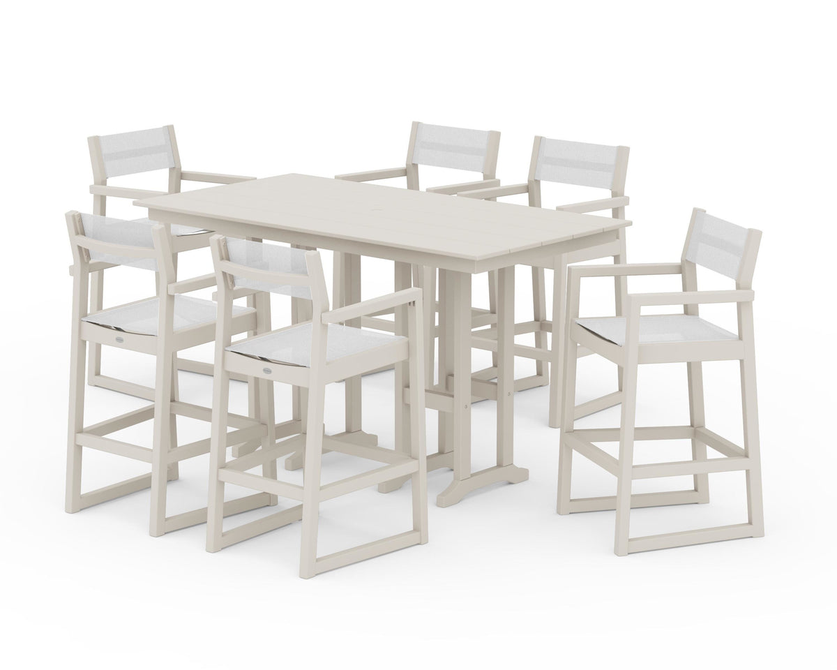 POLYWOOD EDGE Sling Arm Chair 7-Piece Farmhouse Bar Set in Sand / White