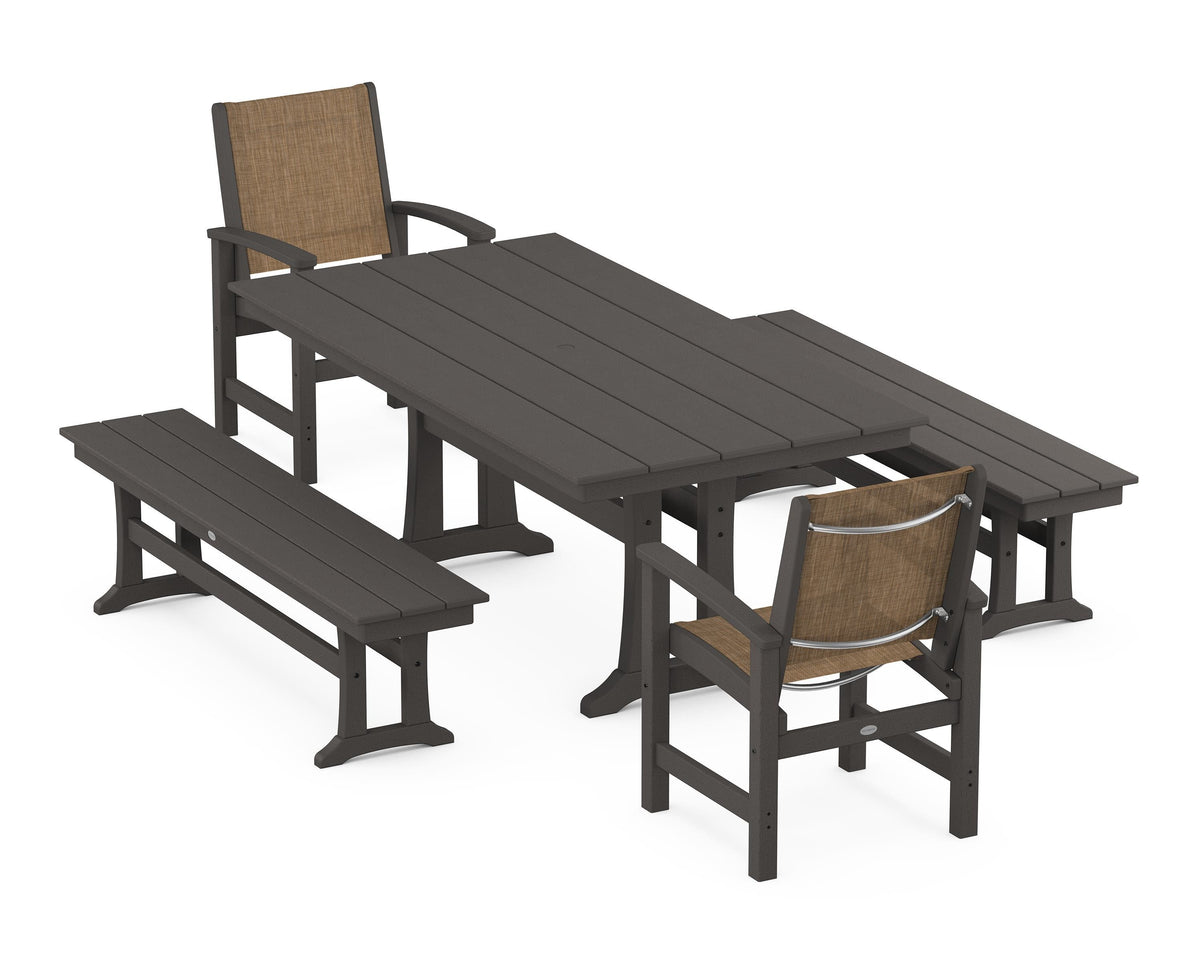 POLYWOOD Coastal 5-Piece Farmhouse Dining Set with Trestle Legs and Benches in Vintage Coffee / Burlap