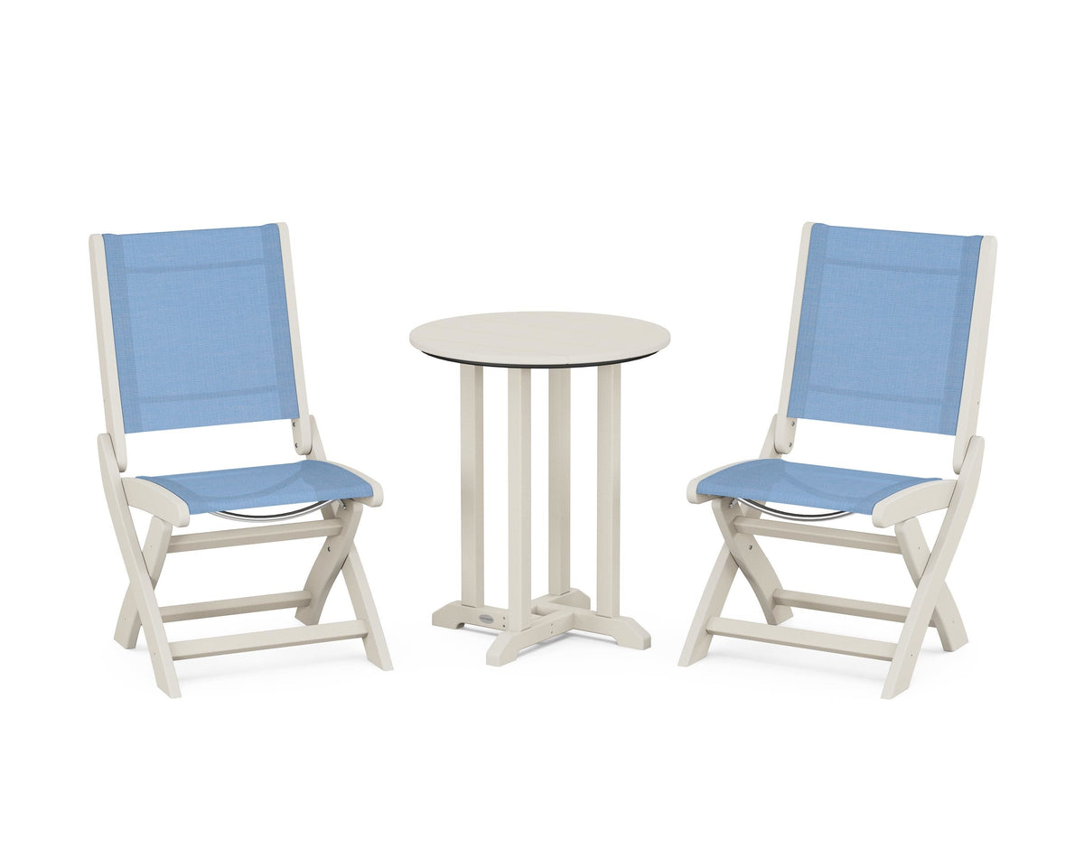 POLYWOOD Coastal Folding Side Chair 3-Piece Round Bistro Dining Set in Sand / Poolside