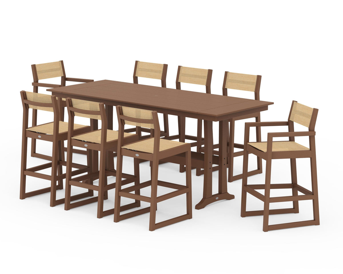 POLYWOOD EDGE Sling 9-Piece Farmhouse Bar Set with Trestle Legs in Teak / Dupioni Apricot