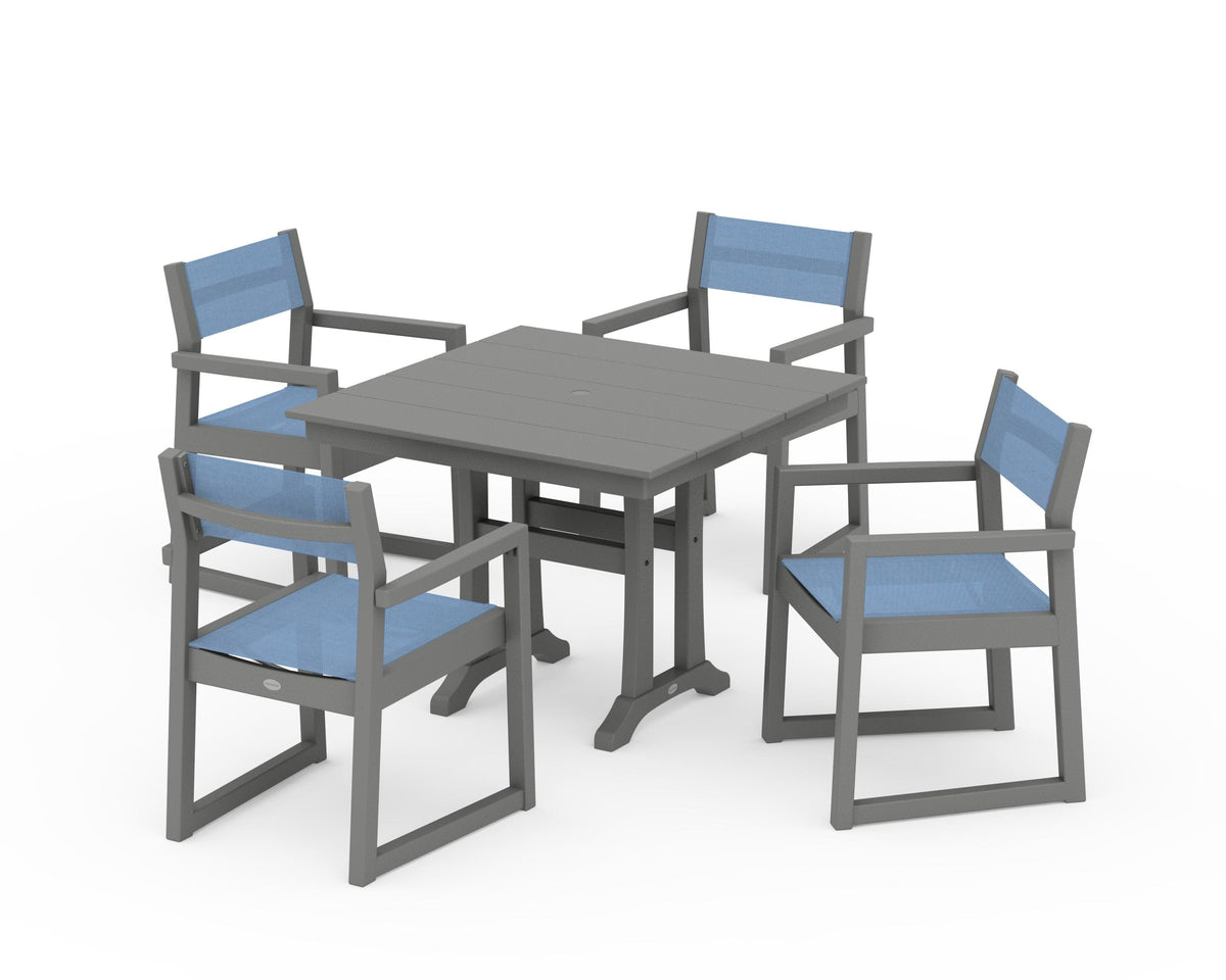 POLYWOOD EDGE Sling 5-Piece Farmhouse Dining Set with Trestle Legs in Slate Grey / Poolside
