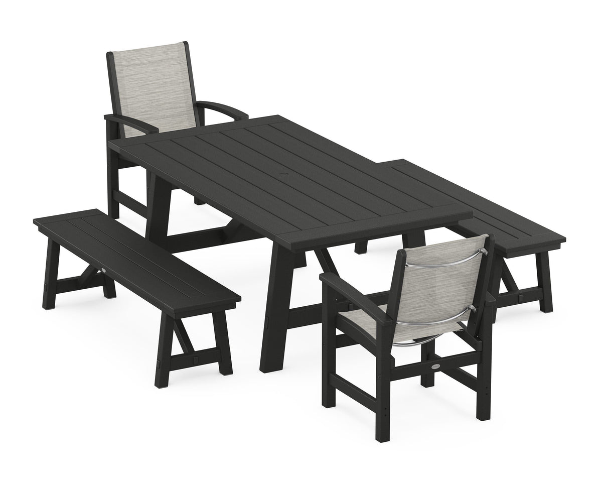POLYWOOD Coastal 5-Piece Rustic Farmhouse Dining Set With Benches in Black / Birch