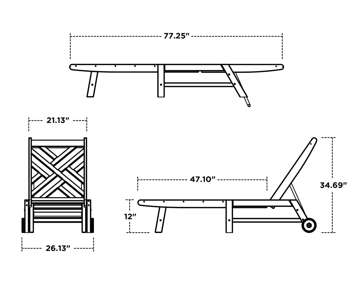 POLYWOOD Chippendale Chaise with Wheels dimension drawing with width, depth and height measurements