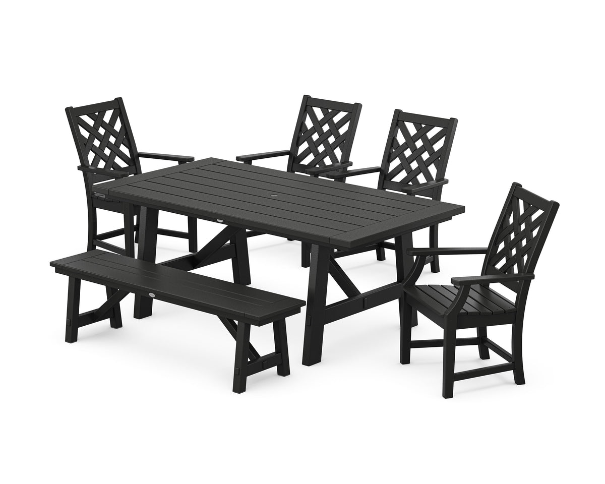 POLYWOOD Wovendale 6-Piece Rustic Farmhouse Dining Set with Bench in Black
