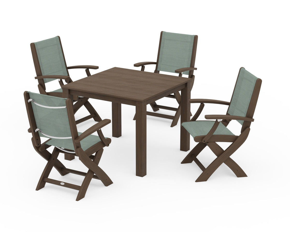 POLYWOOD Coastal Folding Chair 5-Piece Parsons Dining Set in Kona / Dupioni Sea Mist