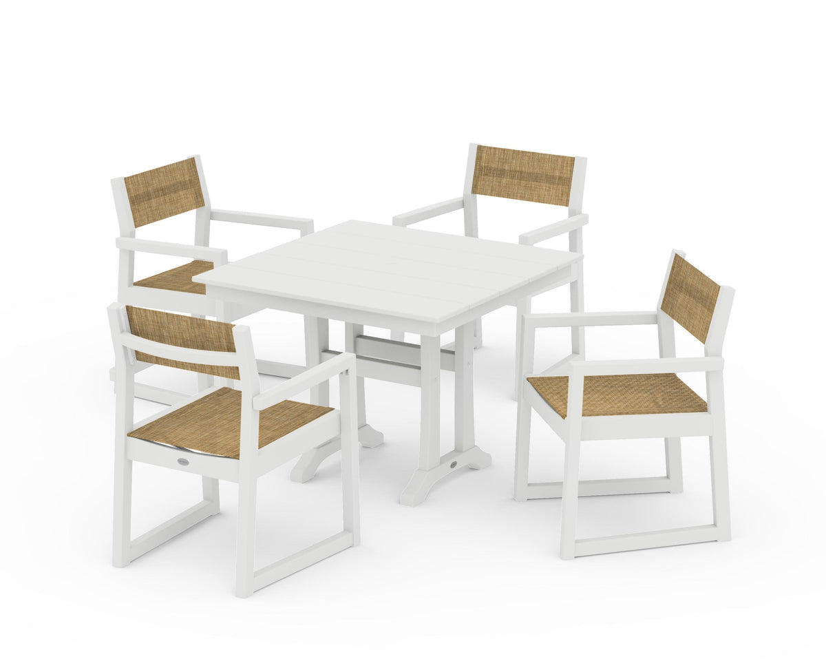 POLYWOOD EDGE Sling 5-Piece Farmhouse Dining Set with Trestle Legs in Vintage White / Burlap
