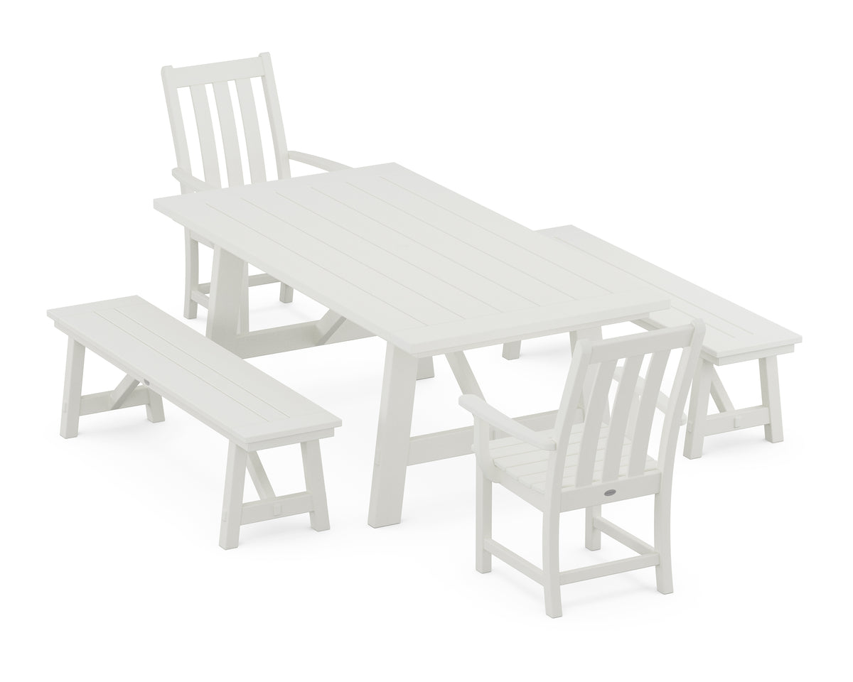 POLYWOOD Vineyard 5-Piece Rustic Farmhouse Dining Set with Benches in Vintage White