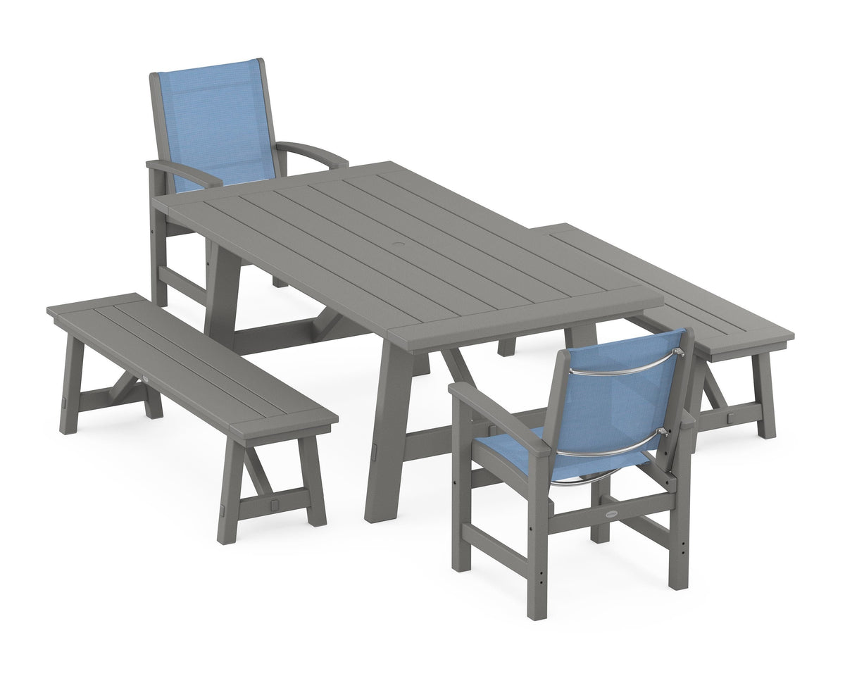POLYWOOD Coastal 5-Piece Rustic Farmhouse Dining Set With Benches in Slate Grey / Poolside