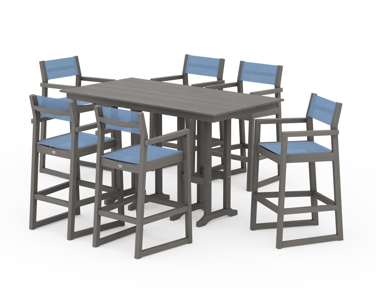 POLYWOOD EDGE Sling Arm Chair 7-Piece Farmhouse Bar Set in Driftwood / Poolside
