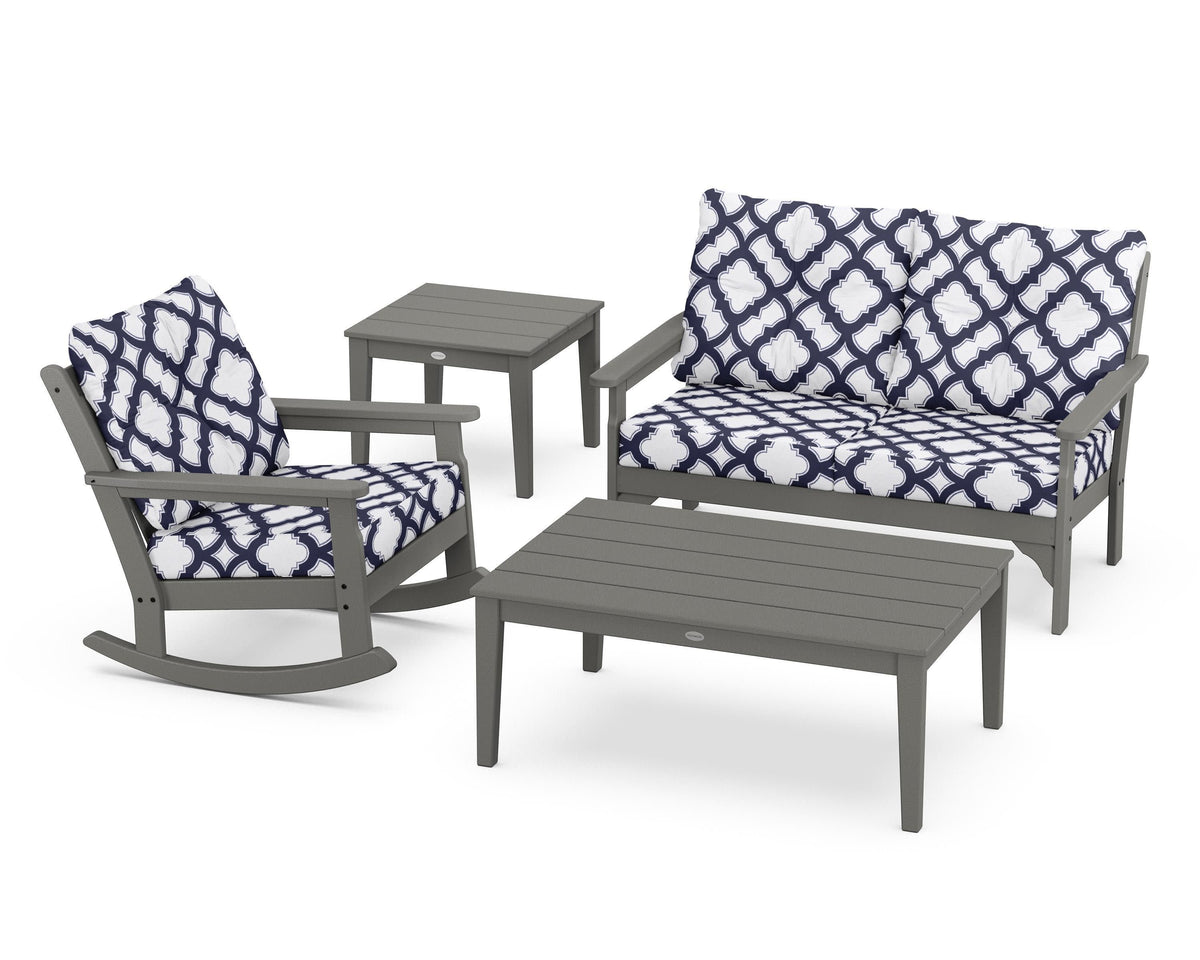 POLYWOOD Vineyard 4-Piece Deep Seating Rocker Set in Slate Grey / Trellis Navy