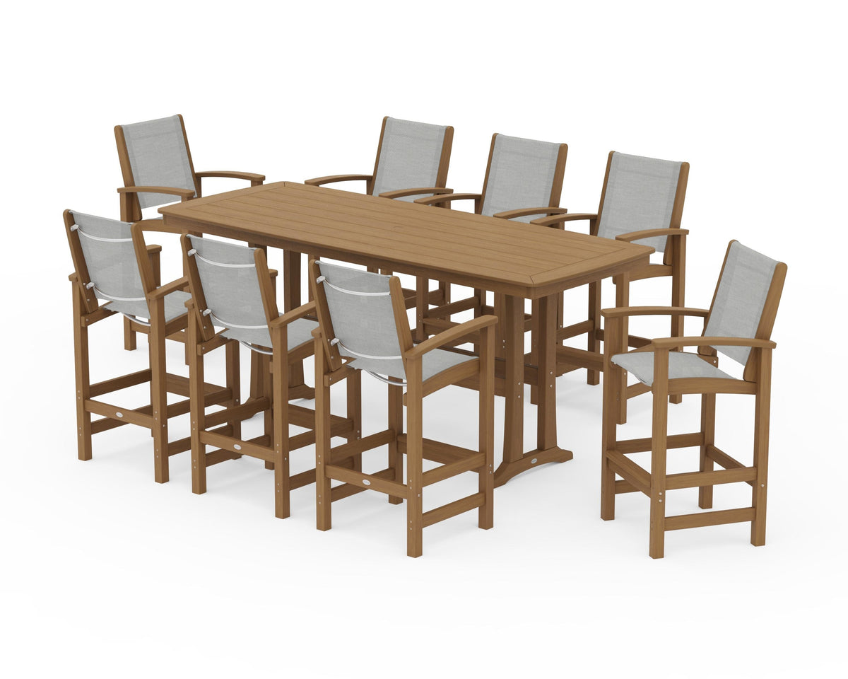POLYWOOD Coastal 9-Piece Bar Set with Trestle Legs in Natural / Metallic