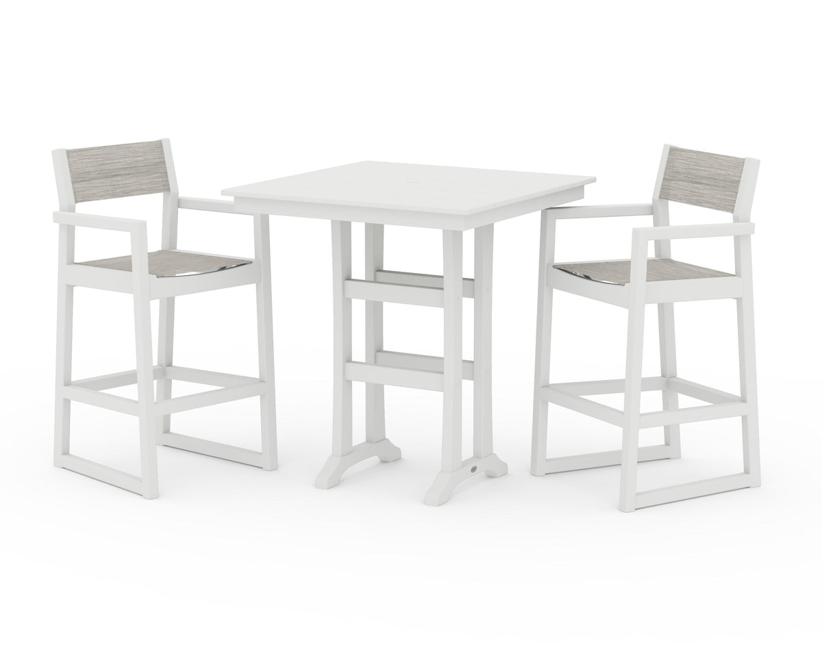 POLYWOOD EDGE Sling Arm Chair 3-Piece Farmhouse Bar Set with Trestle Legs in Vintage White / Birch