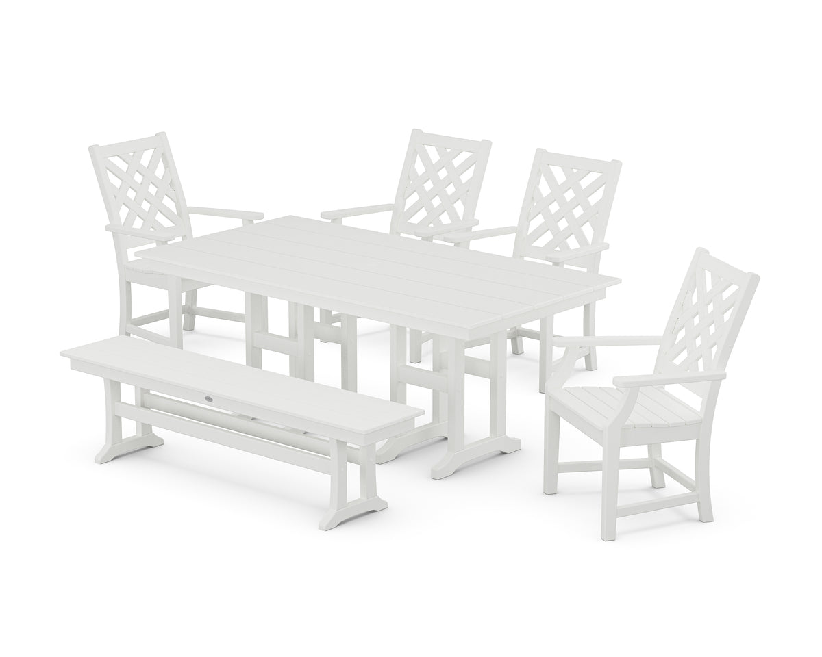 POLYWOOD Country Living Wovendale 6-Piece Farmhouse Dining Set with Bench with Farmhouse 37" x 72" Dining Table in White