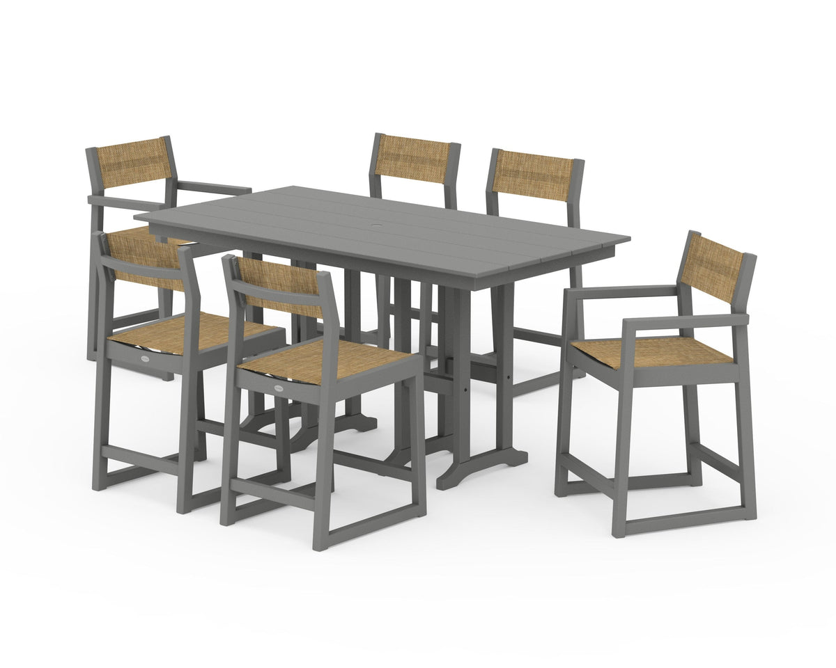 POLYWOOD EDGE Sling 7-Piece Farmhouse Counter Set with Trestle Legs in Slate Grey / Burlap