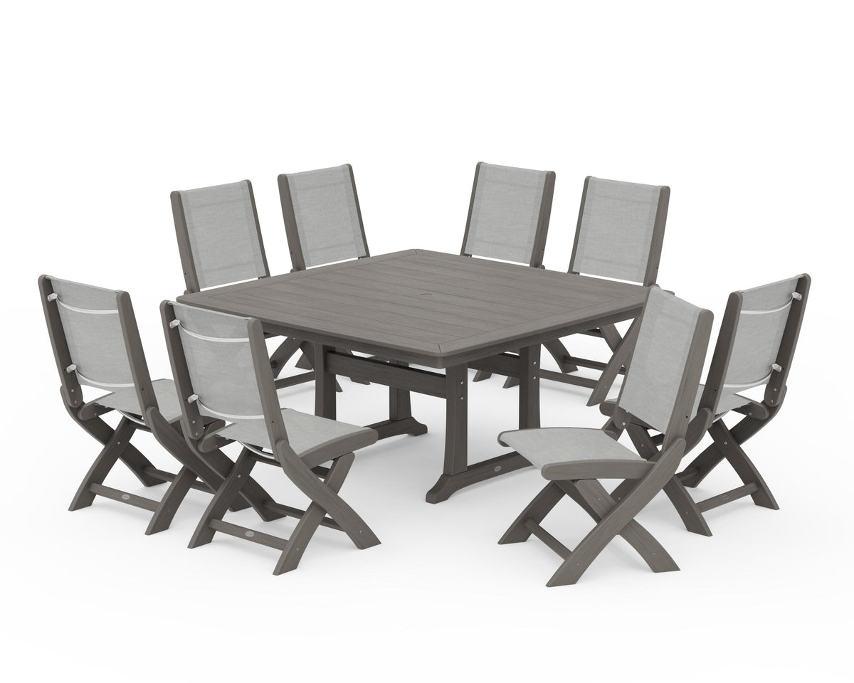 POLYWOOD Coastal Folding Side Chair 9-Piece Dining Set with Trestle Legs in Driftwood / Metallic