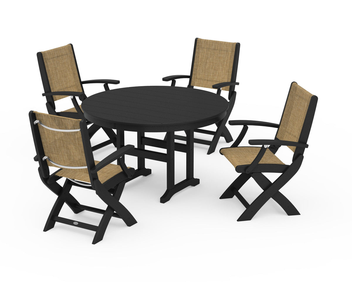 POLYWOOD Coastal Folding Chair 5-Piece Round Dining Set in Black / Burlap