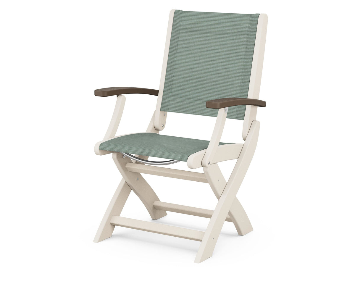 POLYWOOD Coastal Folding Chair in Sand with Kona arms and Dupioni Sea Mist sling