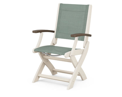 POLYWOOD Coastal Folding Chair in Sand with Kona arms and Dupioni Sea Mist sling
